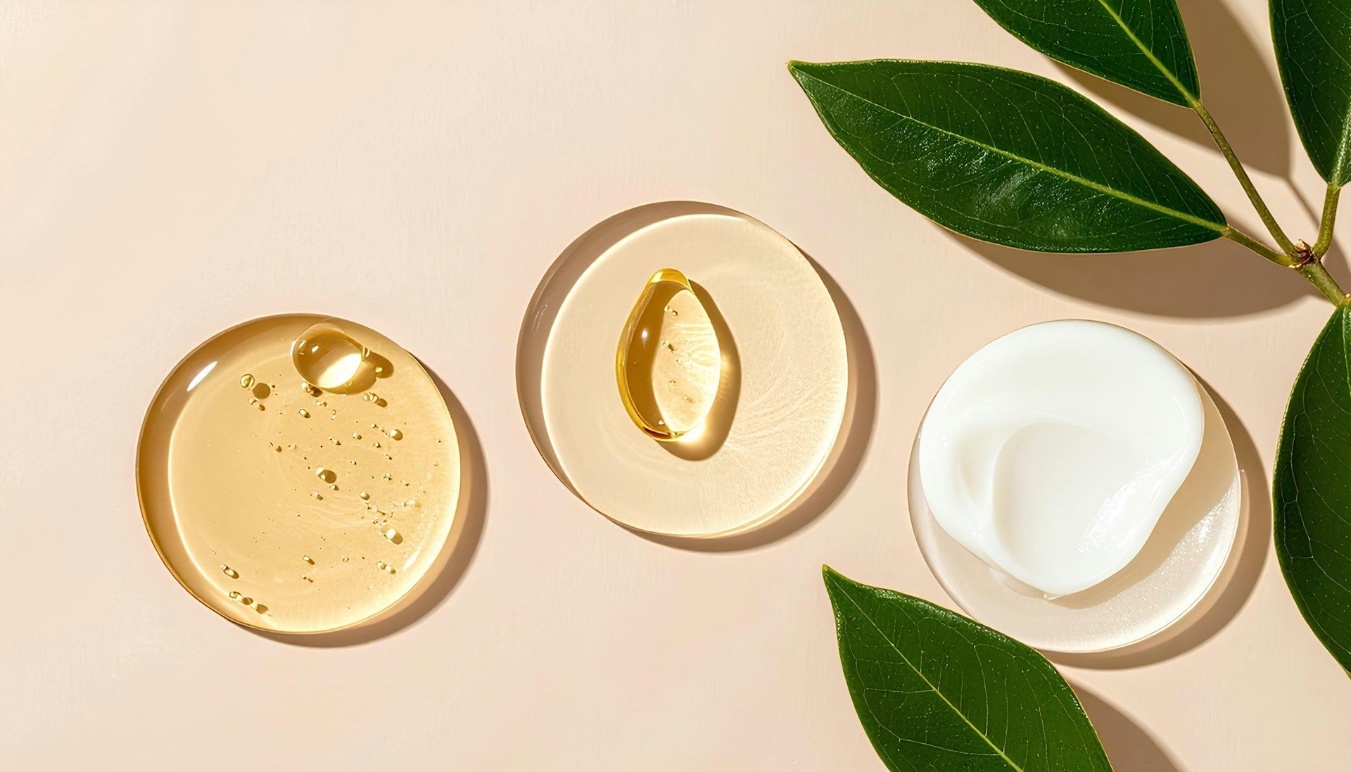 Échantillons de produits de soin de la peau sur un fond clair avec quelques feuilles vertes.